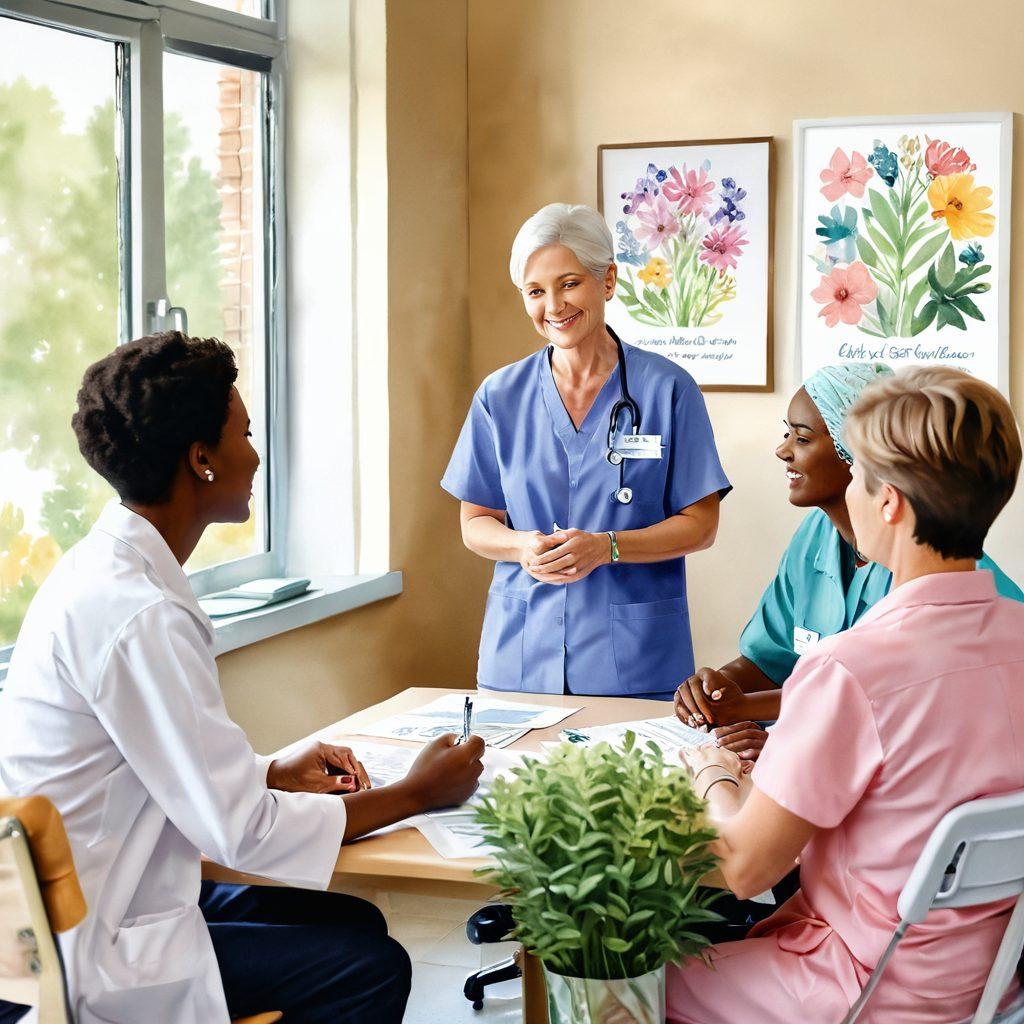 A compassionate healthcare professional interacting with a diverse group of cancer patients, sharing knowledge and support. The scene showcases a warm, welcoming clinic environment filled with uplifting posters and plants, symbolizing hope and wellness. Emphasize the emotional connection, positive expressions, and a sense of community among patients. watercolor style. soft pastels. warm tones.