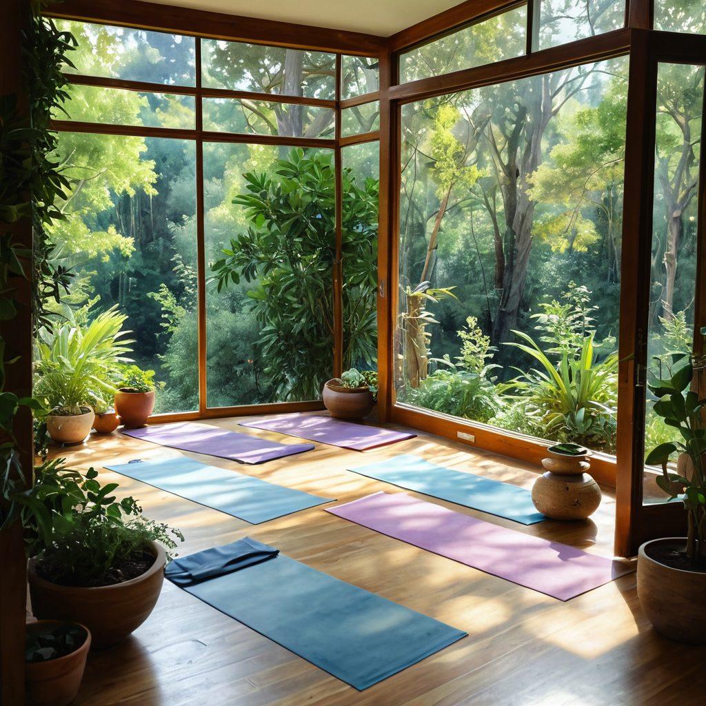 A serene and inviting scene of a holistic health center in a calming natural setting, featuring a diverse group of people engaged in yoga and meditation, surrounded by lush greenery and gentle sunlight filtering through trees. Include symbols of health and wellness like essential oils, herbal remedies, and a diverse array of fruits and vegetables. The atmosphere should feel peaceful and rejuvenating, evoking a sense of integration and balance in health. watercolor painting. soft pastel colors. harmonious composition.